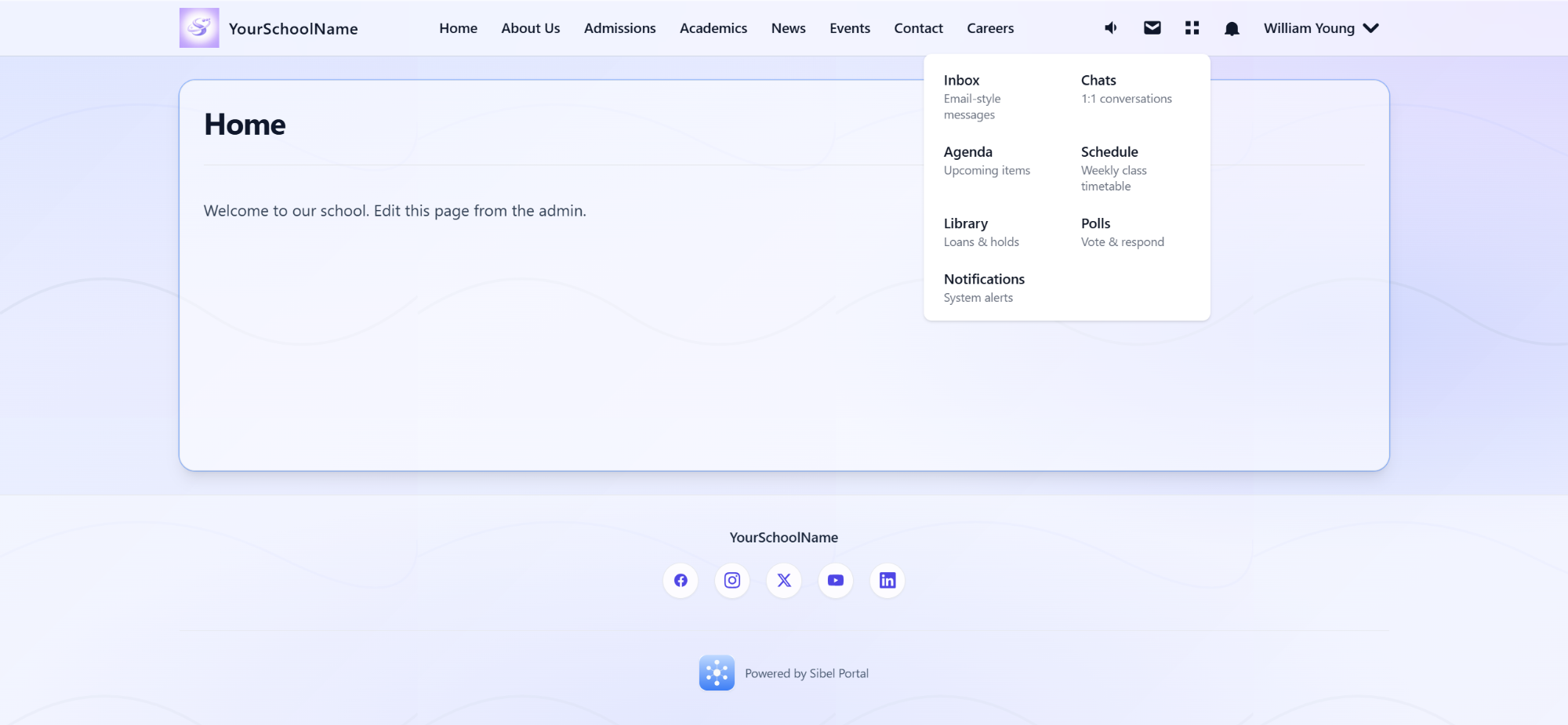 Screenshot of the school website with student, parent, and teacher web apps and school messaging.
